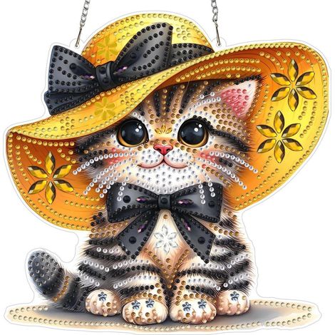 Diamond Painting Anhänger Katze mit Hut, Fensterbild Bastelset mit Kette (1/4)