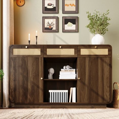 Commode 120 cm en Noyer - 3 Tiroirs en Rotin & 2 Portes avec Étages Réglables - Poignées Dorées - Dimensions (LxPxH) : 120x40x85 cm (1/5)