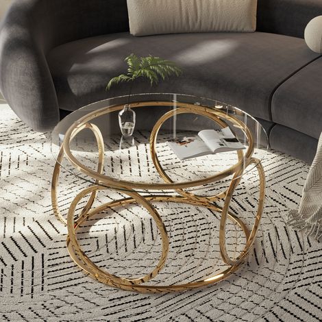 DESMIU Table Basse Ronde avec Plateau en Verre Trempé et Piètement Métallique, pour Salon, Doré, 80 × 80 × 45 cm (1/5)