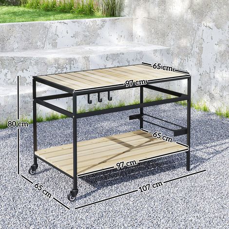 Chariot de jardin en lattes de bois et acier, avec étagères et poignées, 107 x 65 x 80 cm (1/5)