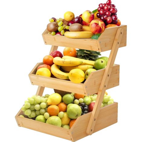 Obstkorb, 3-stöckiges Design, natürliche Bambus-Konstruktion, Natürliche Holzfarbe (1/2)