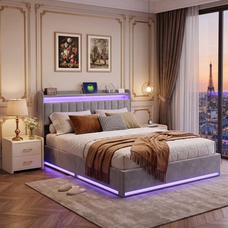 Lit Coffre 140x190 avec Sommier,LED et USB,Lit Double Rembourré avec Hydraulique Rangement et Tete de lit,Lit 2 Personnes,Cadre de Lit Capitonné pour Adultes et Adolescents,Velours Gris (1/5)