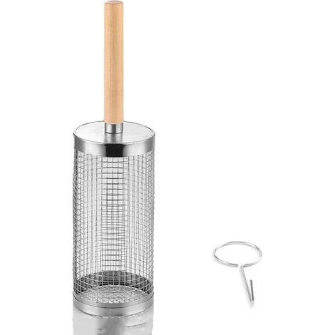 Panier de barbecue roulant en acier inoxydable 35 × 9,5 cm – Avec poignée en bois amovible et crochet – Panier cylindrique pour légumes et grillades (1/5)