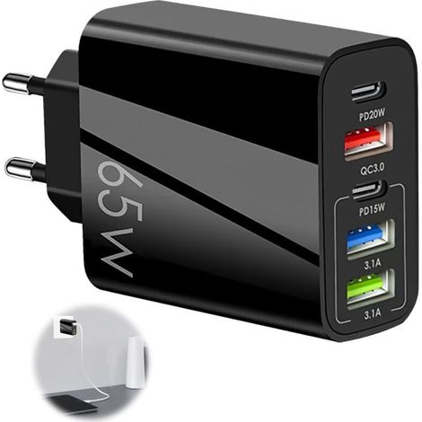 65-W-USB-C-Ladegerät mit 5 Anschlüssen, Schnellladefunktion, Dual-QC 3.0 + PD 3.1A-Schnellladefunktion, universelles Netzteil für iPhone 15, 14, 13, 12, 11 Pro Max, Samsung und Xiaomi (1/5)