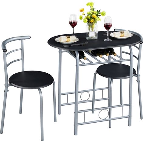 Yaheetech Set Tavolo e 2 Sedie Sala da Pranzo Cucina Salvaspazio Moderno Set Mobili da Balcone Bar per 2 Persone in Legno e Metallo Sedia Portata 136 kg Nero
