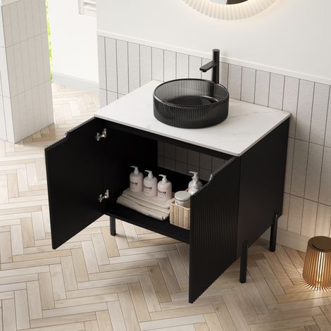 Mueble de baño 76 cm con lavabo redondo de vidrio negro y encimera de piedra sinterizada blanca (1/5)