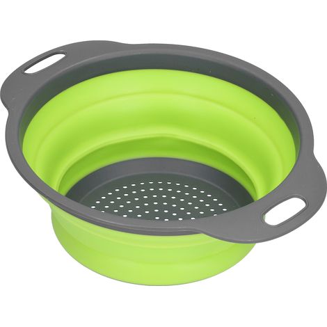 Égouttoir rond en silicone souple vert, petit format, pour fruits et légumes, avec poignée, pour la cuisine. (1/5)