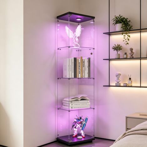 Vetrina in vetro - con 4 ripiani e ante - mobile contenitore autoportante - design moderno - legno e vetro temperato - nero - adatta per soggiorno o camera da letto (1/5)