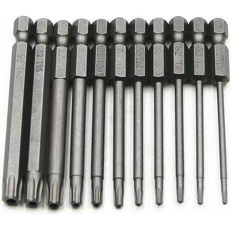 Jeu de 11 embouts longs Torx pour tournevis et visseuse électrique - Embouts magnétiques - Tige hexagonale de 1/4 - Tailles T6 à T40 - Longueur 100 mm (1/4)
