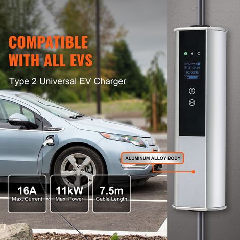 Borne de charge EV portable Type 2, 16A 3.68 kW/11 kW, chargeur voiture électrique cable 7.5 m prise CEE 16 LCD, station recharge domicile IEC 62196 sac transport crochet IP66 (1/5)