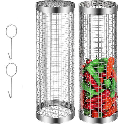 Lot de 2 paniers de barbecue roulants en acier inoxydable 30 × 9 cm – Paniers cylindriques avec crochets – Pour légumes, viande et grillades en extérieur (1/5)