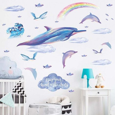 Stickers Muraux Requin Sous la Mer Autocollants Muraux Mural Stickers Marins Poisson pour Chambre Garçon Salle de Bain Bébé Pépinière