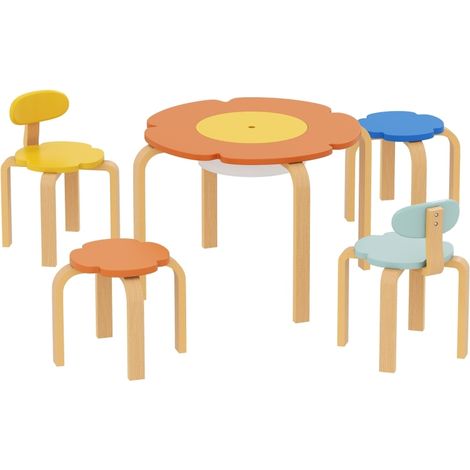 Ensemble table et chaises enfant 5 pièces en bois coloré avec rangement, forme fleur, pour chambre d’enfants (1/5)