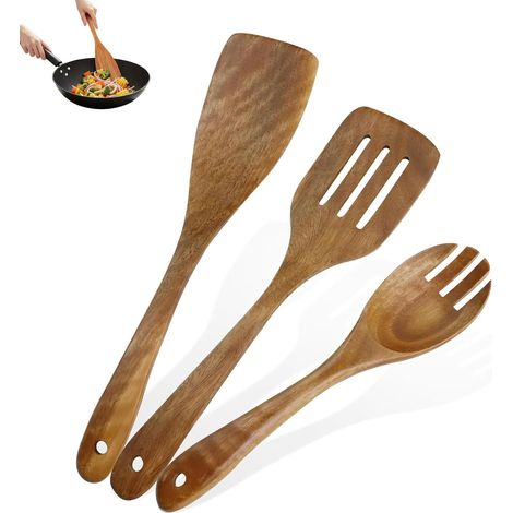 3 Pièces Spatule en Bois, Teck Naturel, Bord Lisse, Anti-Rayures, Poignée Ergonomique, Pour Poêles Antiadhésives (1/5)