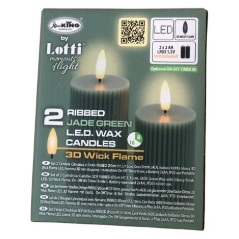 Set 2 candela 3df a coste ribbed D5 H7.5/10 verde bianco caldo Lotti importex