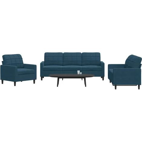 Ensemble de Canapé en Velours 3 Pièces, Bleu, avec Coussins (1/5)