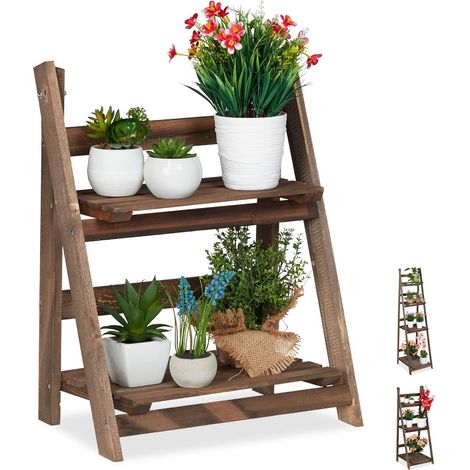 étagère escalier fleurs, escalier fleurs bois 2 niveaux, pliable, échelle plantes, 51,5x 41x24 cm, brun (1/5)