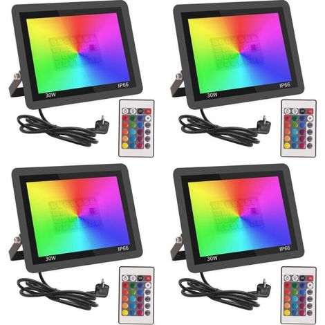 UlisemRGB Projecteur LED Extérieur 30W,Spot LED Couleur avec Télécommande,16 Couleurs 4 Modes Dimmable Éclairage Extérieur Murale,Étanche IP66 Luminaire Jardin pour Cour,Terrasse,Noël,Fêtes DJ-4pcs [C