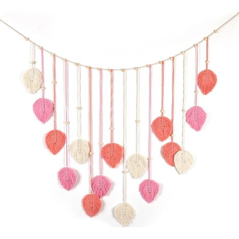 Decoración de pared bohemia con borlas en forma de hoja: tapiz de macramé hecho a mano para dormitorio, elegante tapiz para sala de estar en tonos rosa y verde (Rosa). (1/5)