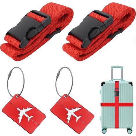 Sangles de Bagage Réglables avec Boucle (2 pièces), avec 2 étiquettes à Bagage, pour Voyager en Toute sécurité en Avion Bagages Fixes Les Sports, 5 x 200cm, Rouge