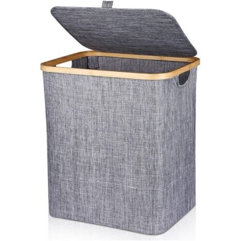 60L Laundry Basket Foldable Laundry Hamper Bamboo Laundry Basket with Lid & Handle, Rectangular Dirty Clothes Basket for Dirty Clothes, 40X33X45CM Dark Grey (1/5)