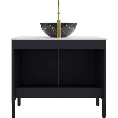 Meuble vasque de salle de bain 76 cm noir avec vasque céramique effet pierre, plan en pierre frittée blanche, double porte à fermeture douce, CHICFURN (1/5)