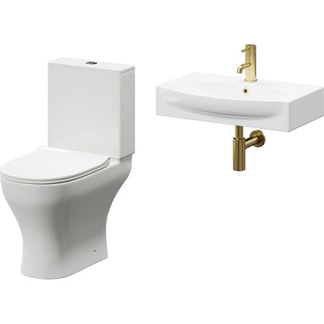 Cambra 600mm Wall Hung Basin and Toilet Suite including Round Brushed Brass Bottle Trap and Open Back Toilet (1/5)