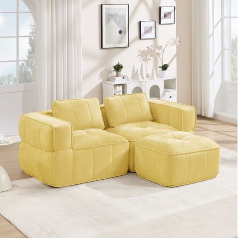 Divano angolare modulare 2 posti giallo in poliestere con 1 pouf, senza struttura, schiuma ad alta densità 32D, 198x162x67 cm (1/5)