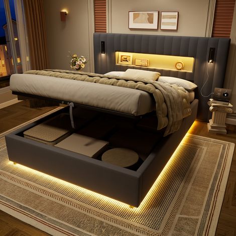 Letto matrimoniale 140x200 cm grigio scuro in velluto con contenitore idraulico, luci regolabili e USB (1/5)