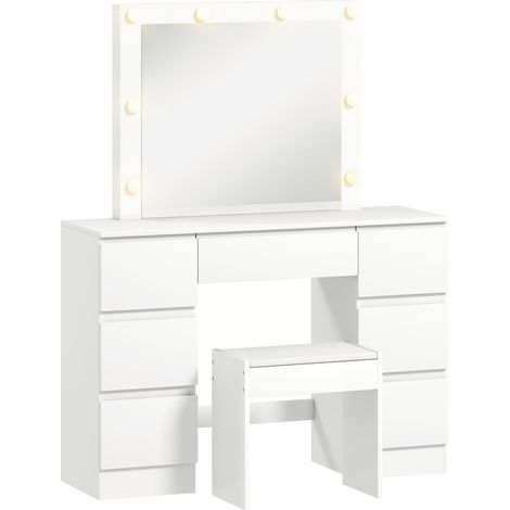 Consolle Trucco con Specchio Stile Hollywood 8 Luci LED con 7 Cassetti e Sgabello Imbottito in Legno Bianco (1/5)