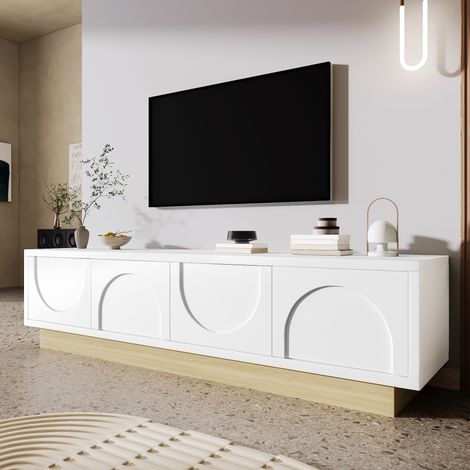Mobile TV moderno 175 cm, 4 ante, design arrotondato minimalista con ampio spazio contenitore e gestione dei cavi - Bianco