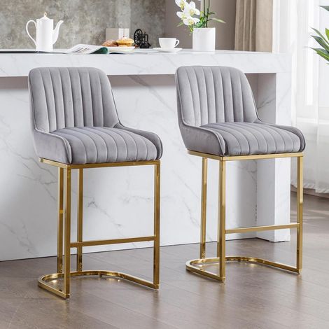 Barhocker 2er Set Samt mit Rückenlehne und goldenem Metallbein, Grau (1/5)