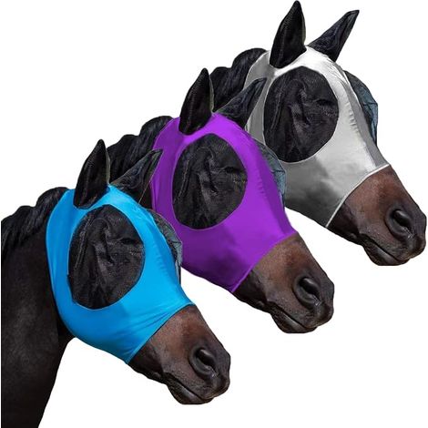 Masques anti-mouches pour chevaux avec oreilles, lot de 3, conception ajustée extensible, tissu protégeant des UV, doux pour la peau et respirant, adapté pour chevaux de taille moyenne (Bleu-Violet-Ro (1/5)
