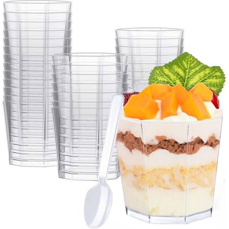 Lot de 50 tasses à dessert transparentes 160 ml + 50 cuillères, réutilisables (1/4)