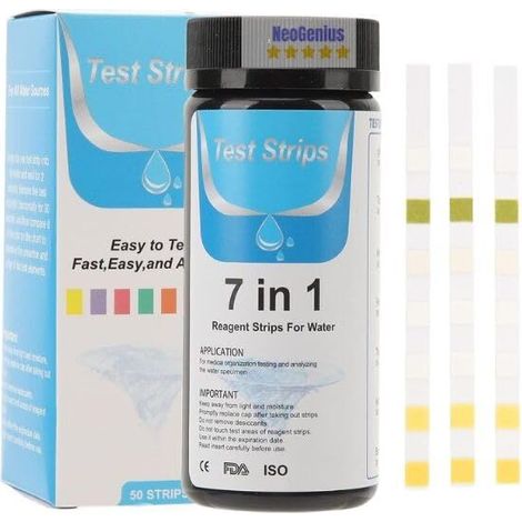 Bandelettes de test 7 en 1 pour aquarium, test de pH nitrite, nitrate, dureté totale, chlore libre, alcalinité, carbonate, eau salée précise, eau douce d'aquarium - Lot de 100 (1/4)