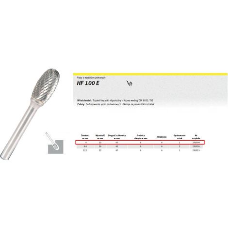 Klingspor 295909 Frese in metallo duro, HF 100 E, 6 dentature, 6 mm Diametro albero, 8 mm x 15 mm x 60 mm