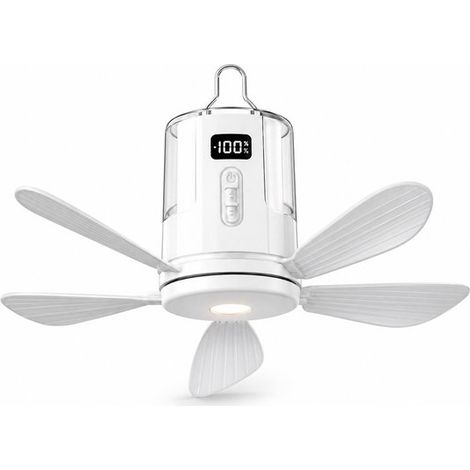 Ventilateur de camping suspendu - Ventilateur de plafond avec lumière - Pales pliables - 10 800 mAh - 4 vitesses - Télécommande - Minuterie de 1 à 12 heures - Lumière RGB - Blanc (1/5)