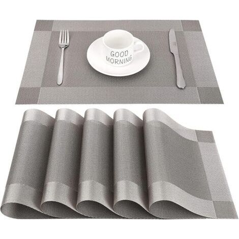 Sets de Table PVC Antidérapant Lavable Résiste à la Chaleur Rectangulaire Vinyle pour Restaurant, Cuisine ou Salle à Manger, 45 x 30 CM Lot de 6 (Gris+ Argenté) (1/5)
