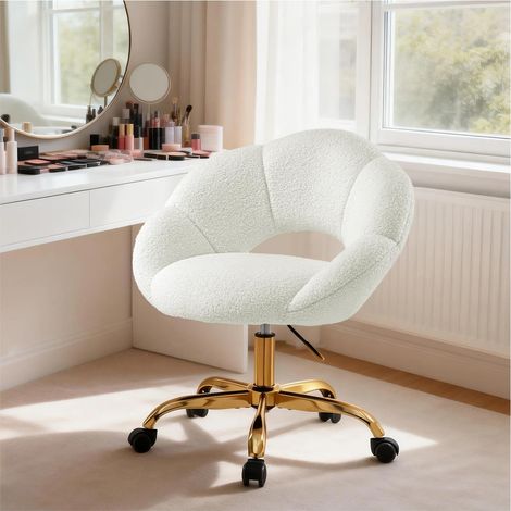 Chaise de Bureau Fille en Velours Teddy - Moderne Scandinave Chaise Coiffeuse en Dossier Pétale - Fauteuil de Lecture Pivotant et Réglable en Hauteur - Doré et Blanc (1/5)