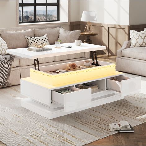 Tavolino da caffè sollevabile 100x50x40 cm bianco, LED, 2 cassetti, truciolare MEUBLIV (1/5)