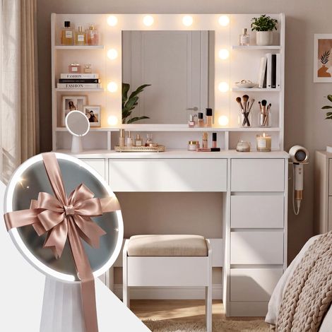 Tocador Pretty con espejo. Diseño elegante y funcional para tu rutina diaria de belleza en casa. Blanco (1/5)