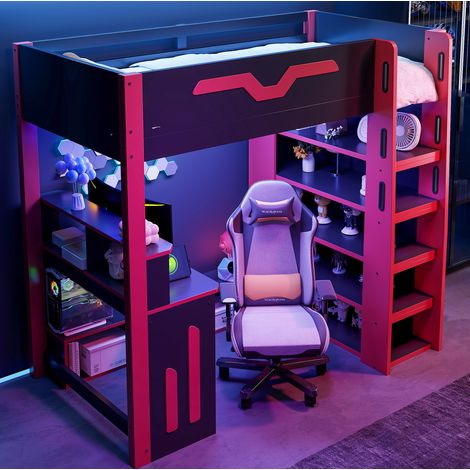 Hochbett Holzwerkstoff Schwarz/Rot 90x200 cm mit Schreibtisch, Stauraum, Treppe und LED (1/5)