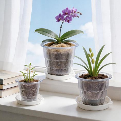 Pot Transparent Orchidée, 3Pcs 10cm/12cm/15cm Pot pour Orchidées Respirant, Pot pour Orchidées Transparent en Plastique avec Trous de Vidange et Soucoupes (1/5)