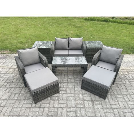 Fimous Salon de jardin Ensemble avec Chaise inclinable Table basse 2 Tables d'appoint 2 Grand tabourets Gris foncé mixte (1/5)