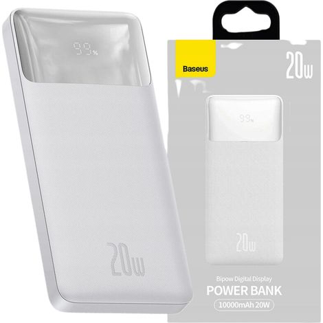Banco de energía Baseus Bipow de 10 000 mAh y 20 W de carga rápida, edición internacional, cable USB-A micro USB de 0,25 m, blanco, PPBD050502