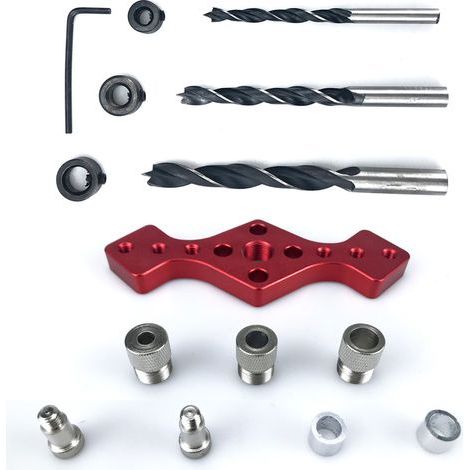 Localisateur de trous rouge + foret hélicoïdal 6/8/10 mm Guide de perçage droit en forme de losange, guide de perçage vertical pour le travail du bois, outil de perçage pour le travail du bois (1/5)