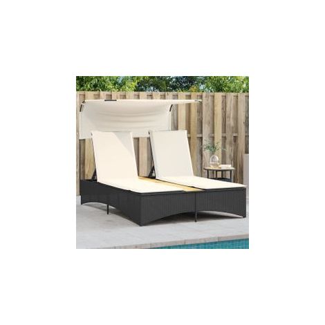 Chaise longue double et auvent et coussins noir résine tressée (1/5)