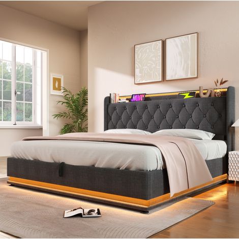 Bett mit Stauraum Leinen Grau 140x200 cm, LED-Beleuchtung, USB/Typ-C, inklusive Lattenrost (1/5)