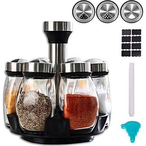 17x17x19cm Rotating Spice Rack, Spice Carousel, 360° Rotating Spice Organizer, 6 Pack Glass Refill Jars for Cabinet, Countertop, Kitchen (Spices Not Included)
