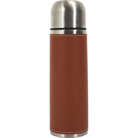 Bouteille de transport isotherme 50cl simili cuir marron avec avec bouton poussoir (1/5)